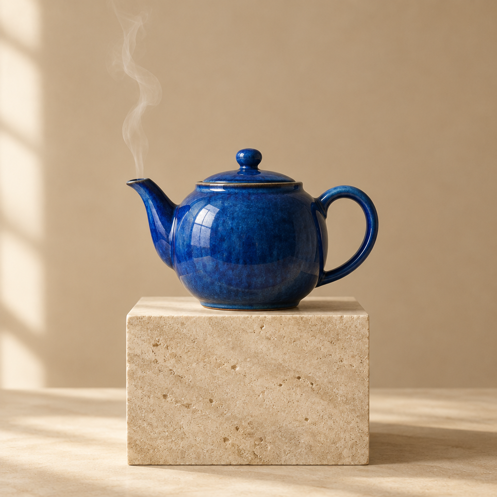 Nature morte éditoriale d'une théière en céramique bleu cobalt sur socle de calcaire, format carré