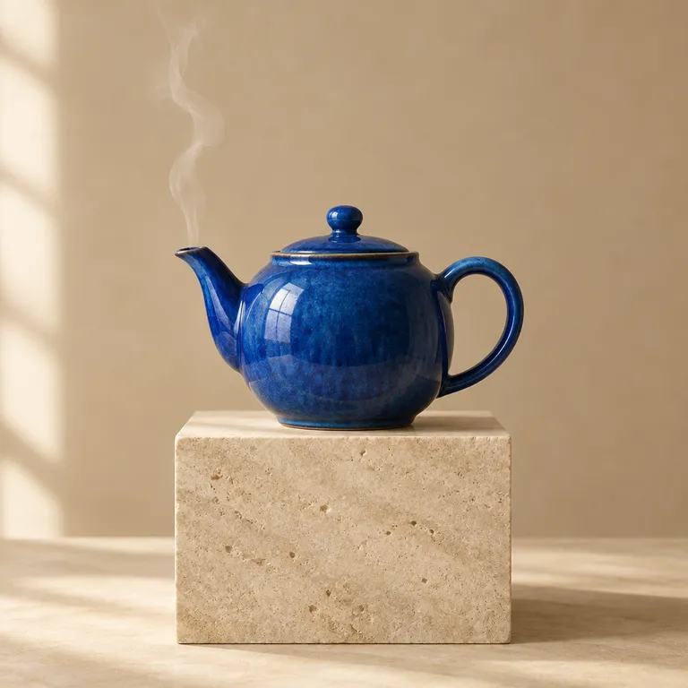 钴蓝陶瓷茶壶石灰岩底座编辑风格静物图，方形构图