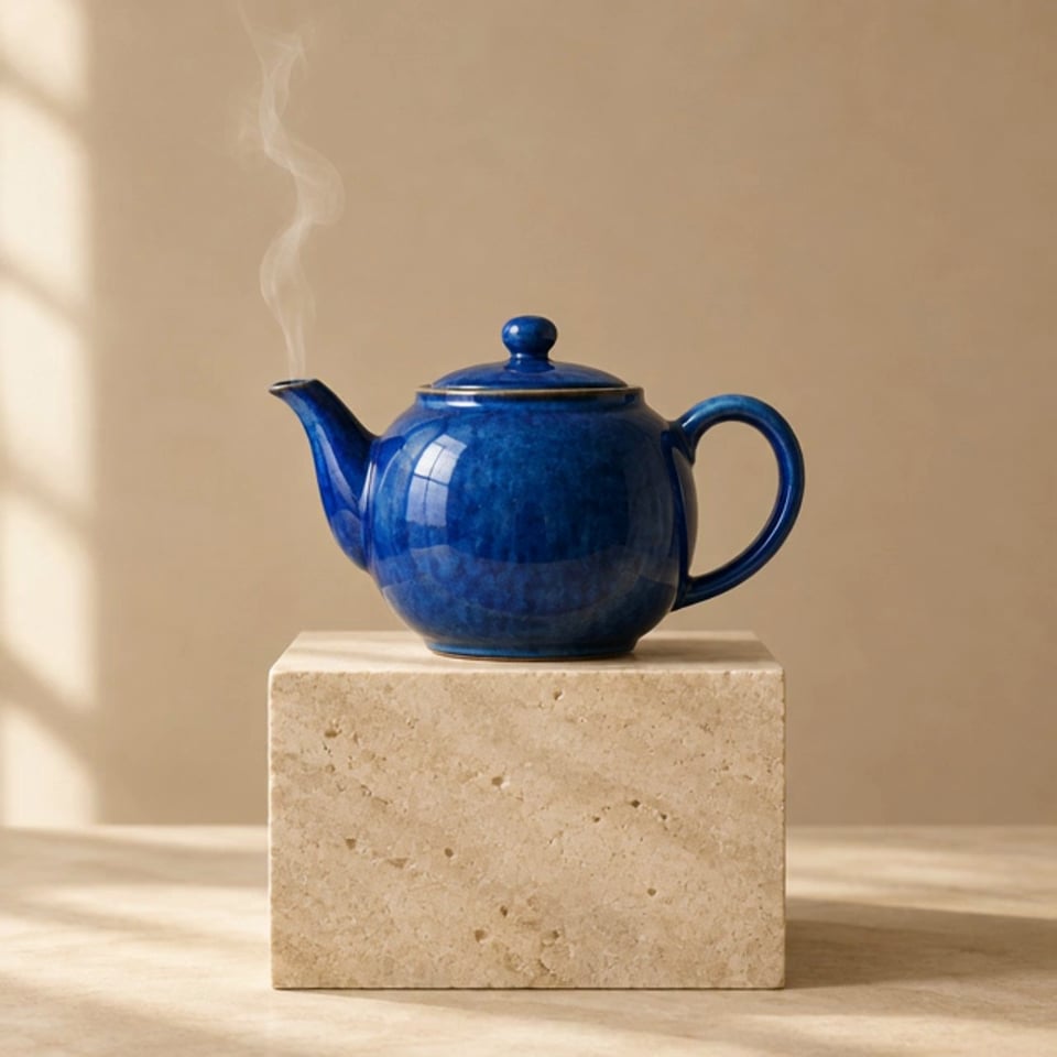 钴蓝陶瓷茶壶：产品静物图与 4 秒蒸汽镜头