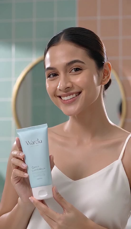 Vertical Wardah Lightening routine commercial in a pastel bathroom