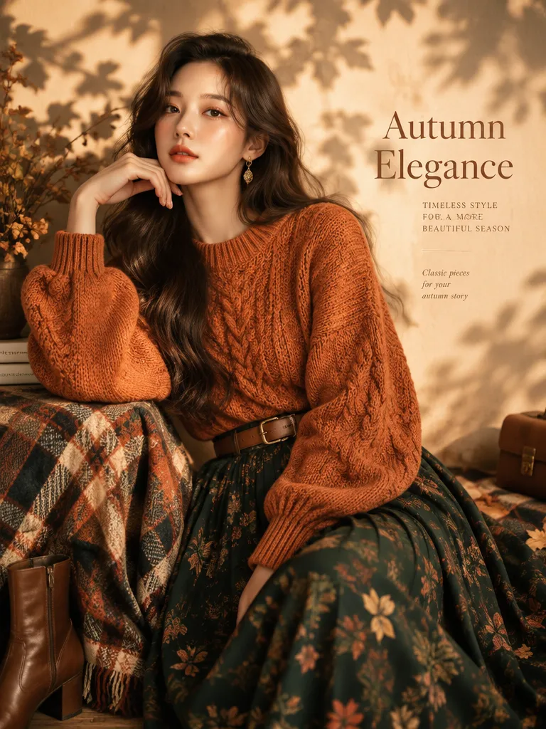Autumn fashion editorial poster “Autumn Elegance” with golden-hour leaf shadows