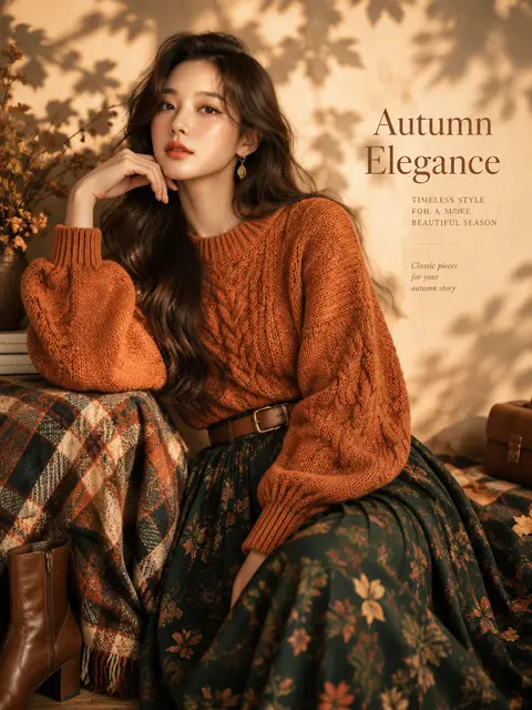 Herbstmode-Poster „Autumn Elegance“ mit Blattschatten im goldenen Licht