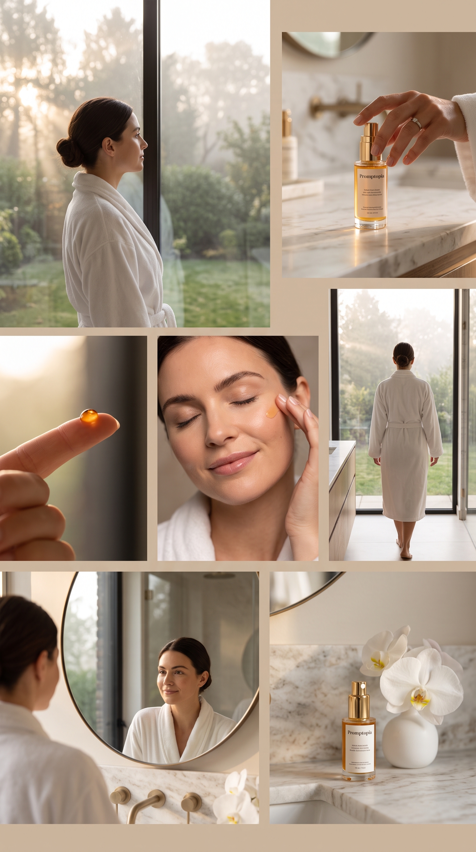 Golden-hour skincare routine editorial collage in 9:16