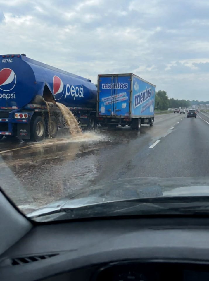 Pepsi tanker breakdown and human Mentos rocket filmed from inside a car