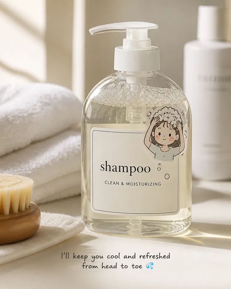 Editorial product photography with illustrated stickers: vintage compact camera and shampoo bottle