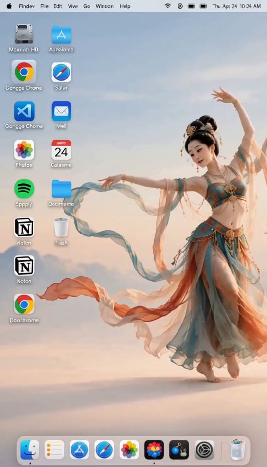 Dunhuang Apsara on a Mac Desktop: a humorous animated clip of a dancer who knocks the icons loose