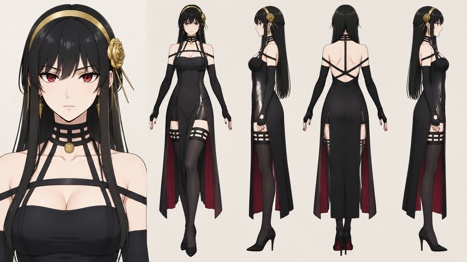 Planche de référence anime 16:9 : femme élégante en robe noire, cinq vues pour character design