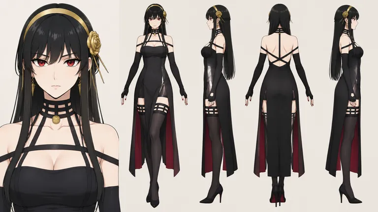 16:9 anime character reference sheet: elegant woman in a black strapped dress, five views for character design