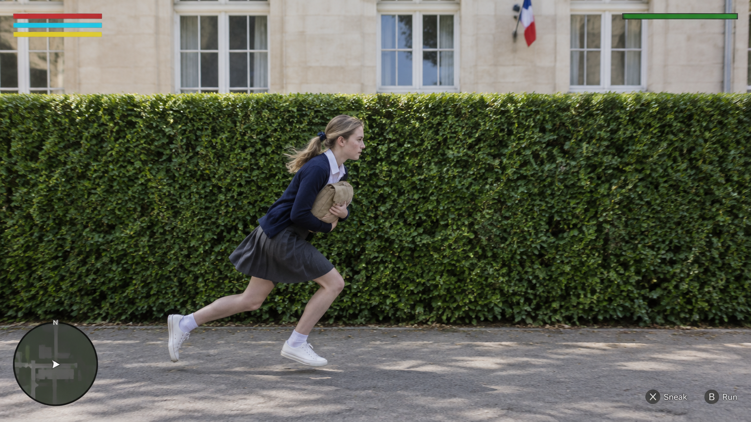 Stealth-game comedy opening frame: student running past a school hedge