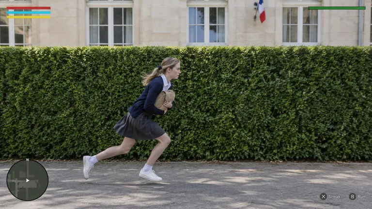 Stealth-game comedy opening frame: student running past a school hedge