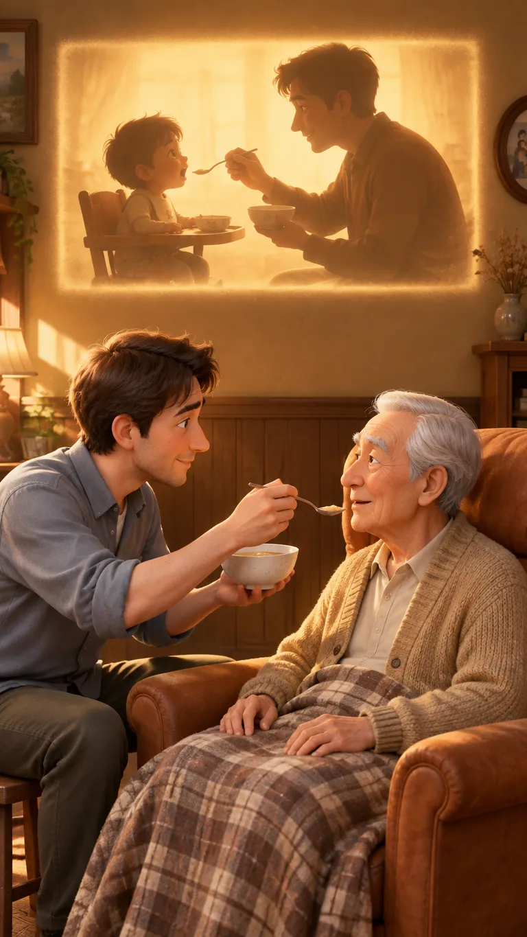 3D scene of a son feeding his elderly father with a childhood memory on the wall — vertical 9:16 opening frame