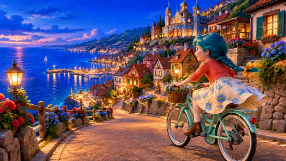 One-take bicycle descent through a fairy-tale seaside town