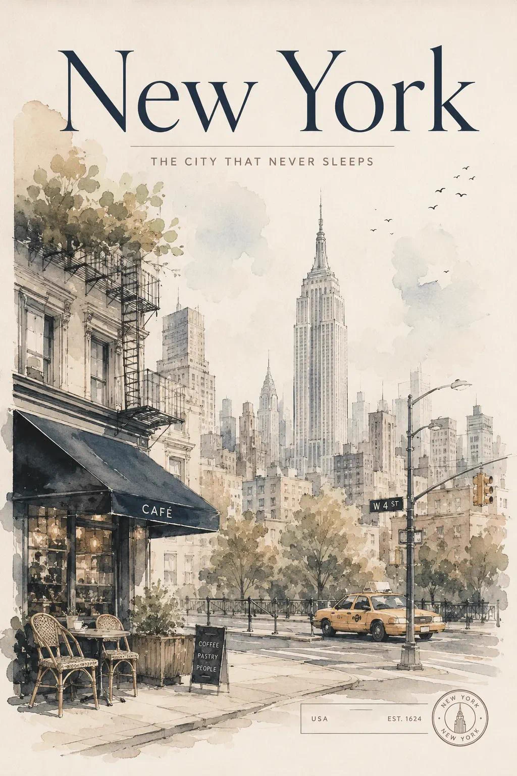 Affiche de voyage à l’aquarelle représentant une rue urbaine et une typographie de destination.