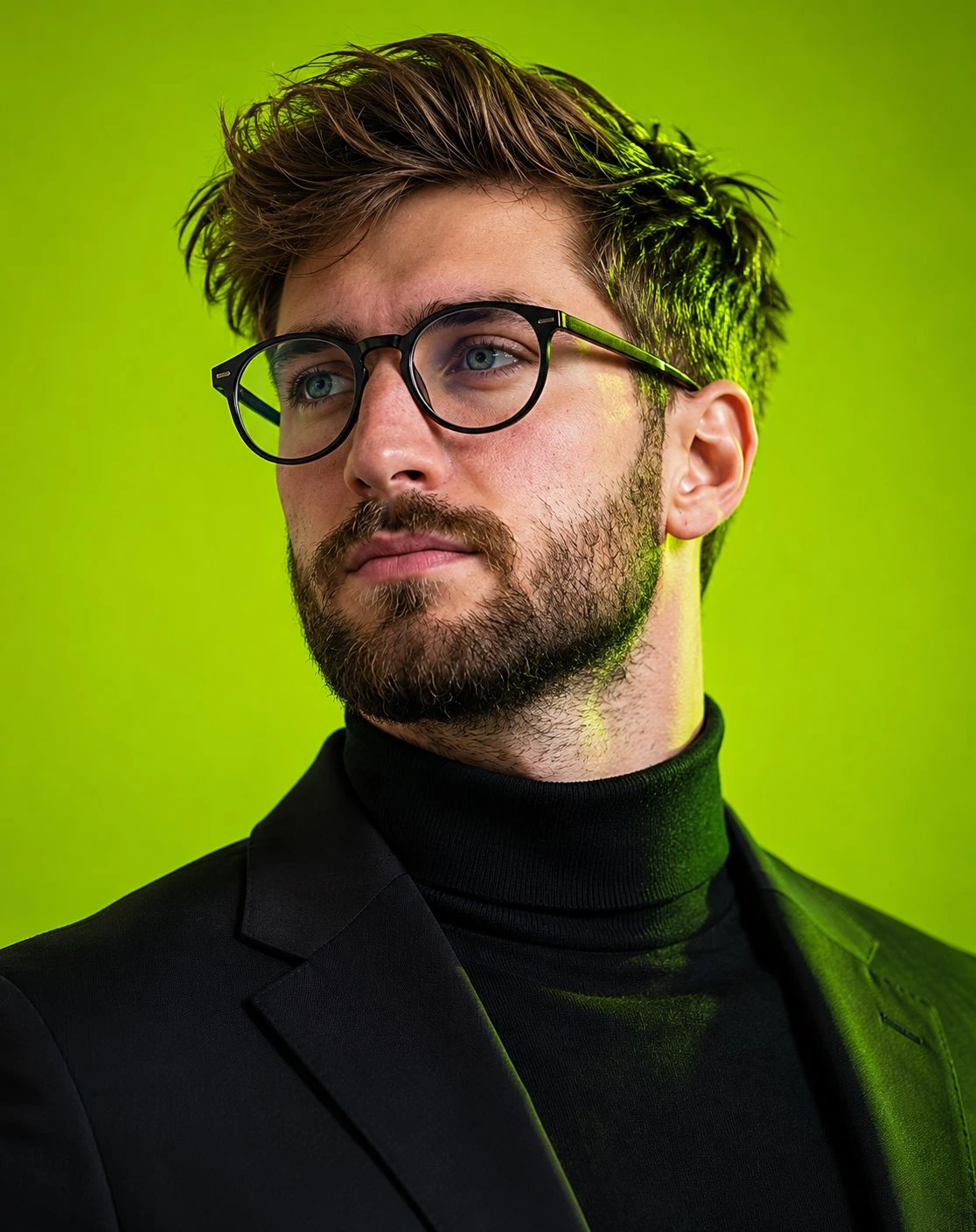 Portrait d’un homme en lunettes et blazer noirs sur fond vert citron.