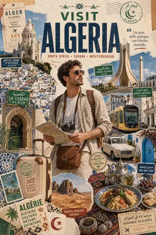Redaktionelles Reisecollage-Poster Algerien