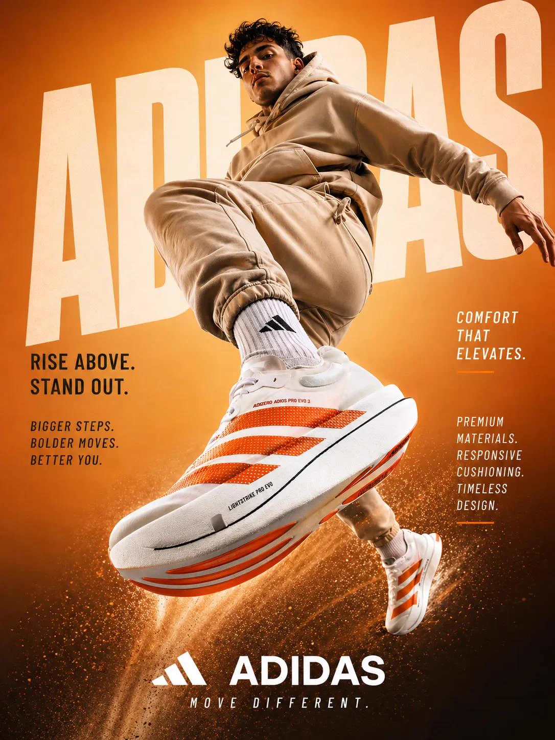 Athlète en survêtement beige sautant vers l’objectif devant un fond orange, sneaker blanche au premier plan.
