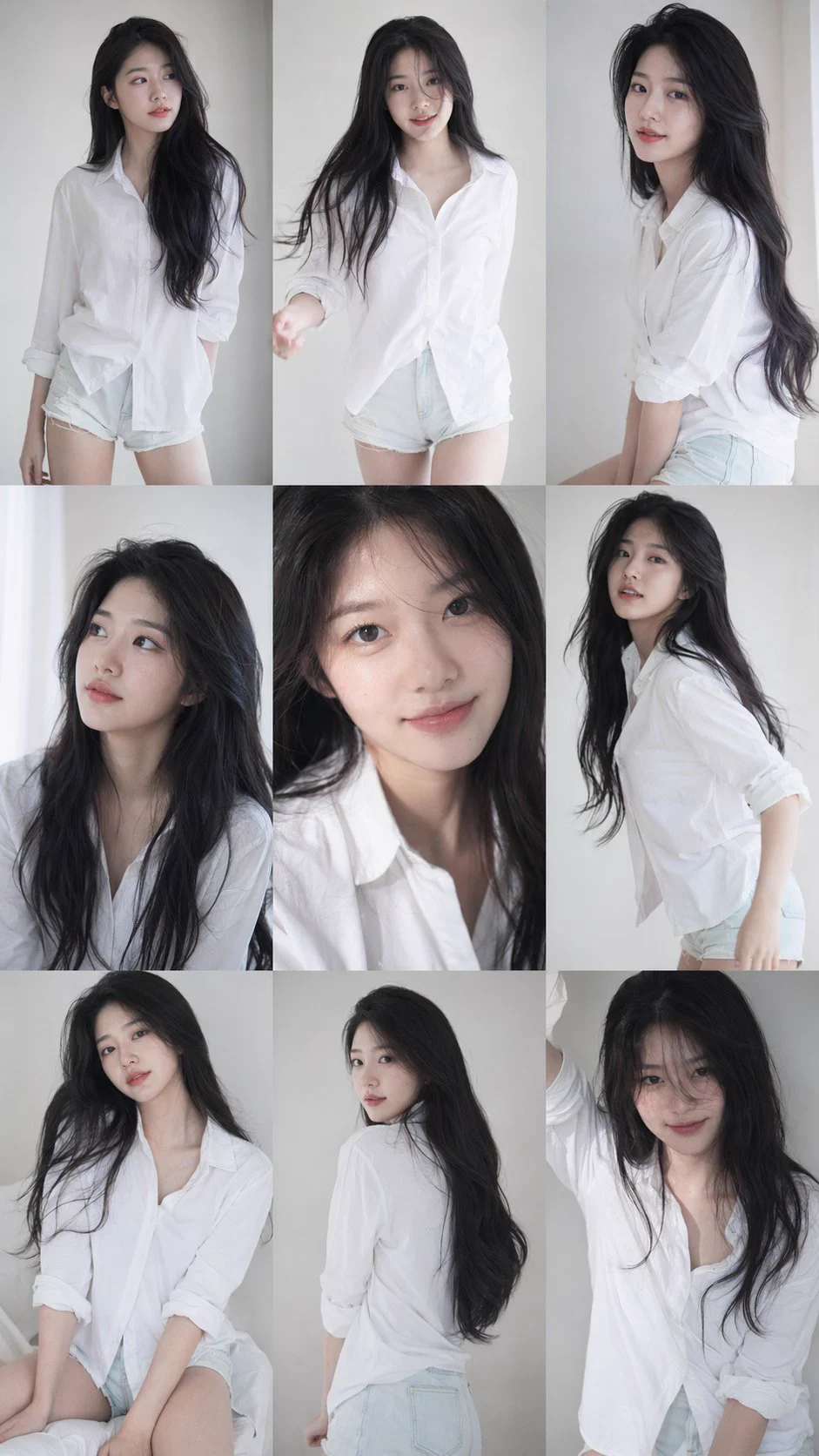 Grille 3 × 3 montrant une artiste adulte en chemise blanche dans neuf poses de photobook cohérentes.