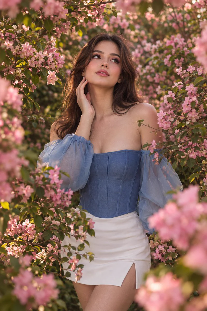 Femme en corset bleu et jupe blanche entourée de branches à fleurs roses sous une lumière chaude.