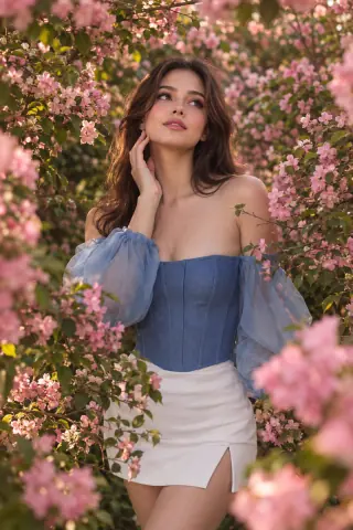 Blue Corset Portrait among Pink Blossoms preview