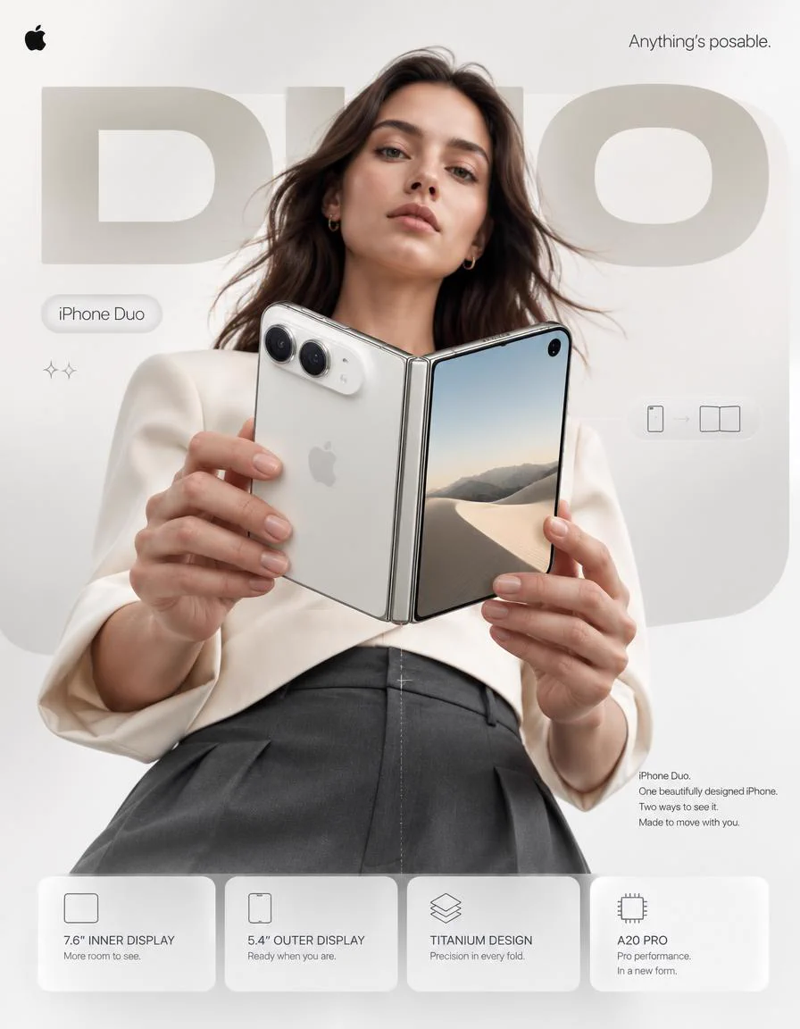 Affiche blanche et argentée avec modèle, smartphone pliable au premier plan, grand mot DUO et quatre cartes de fonctions.