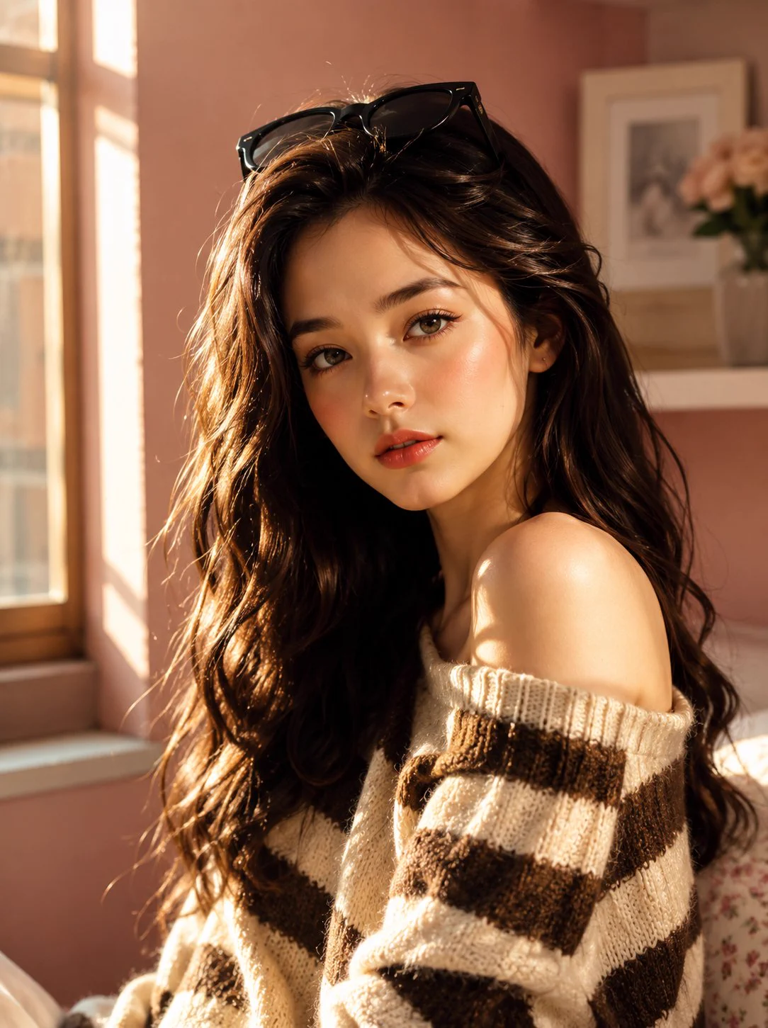 金色时刻光线下的韩系美妆人像