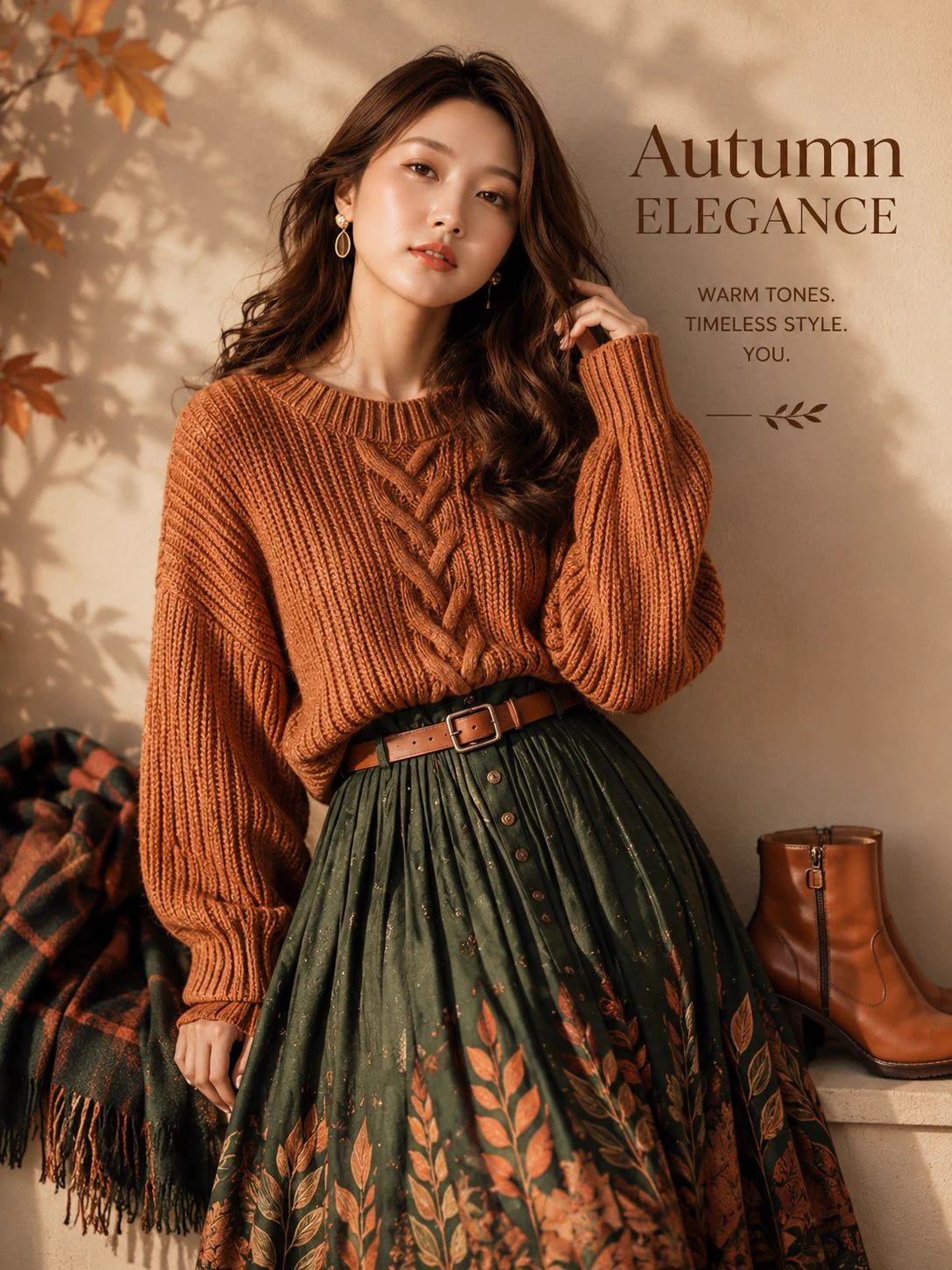 Affiche de mode automnale avec pull orange et jupe verte plissée, éclairée par des ombres de feuilles.