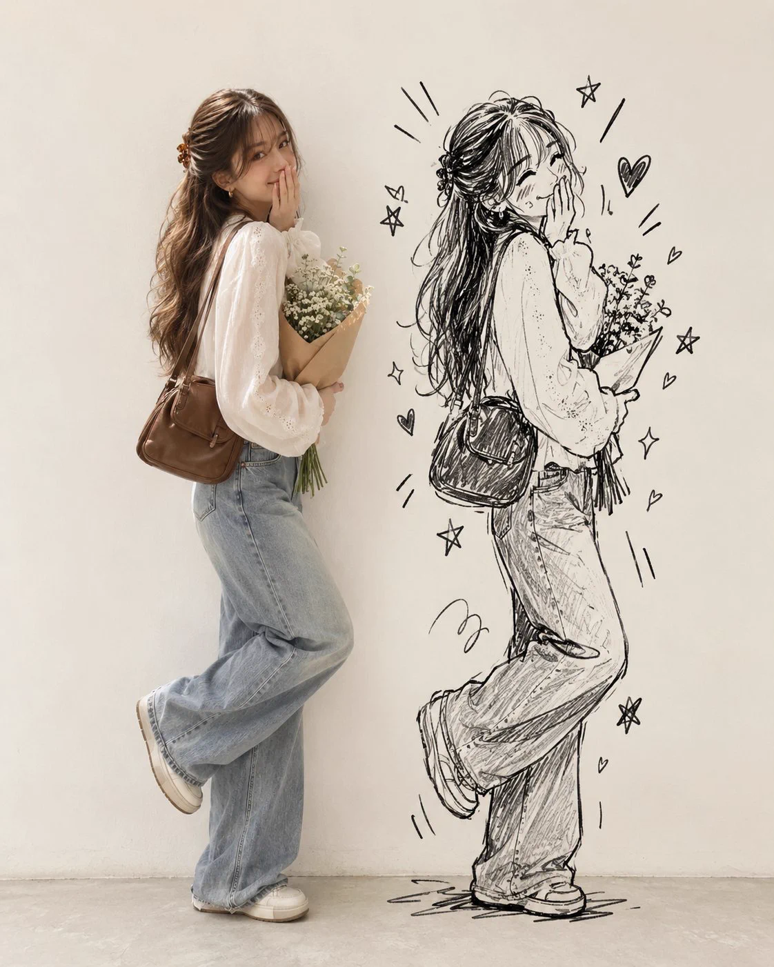 Mixed-media portrait with a doodle shadow on a white studio wall