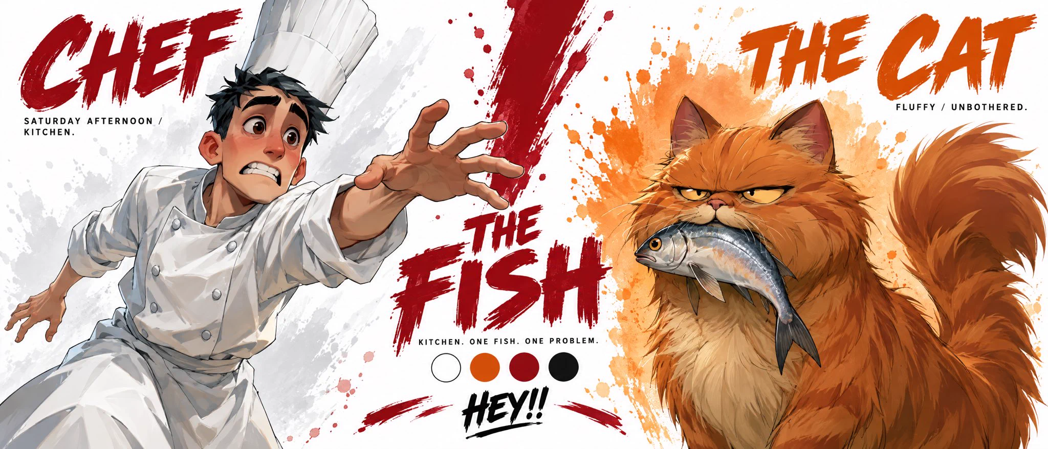 Fiche de personnages en deux volets montrant un chef et un chat autour d’un poisson, style cinématographique.