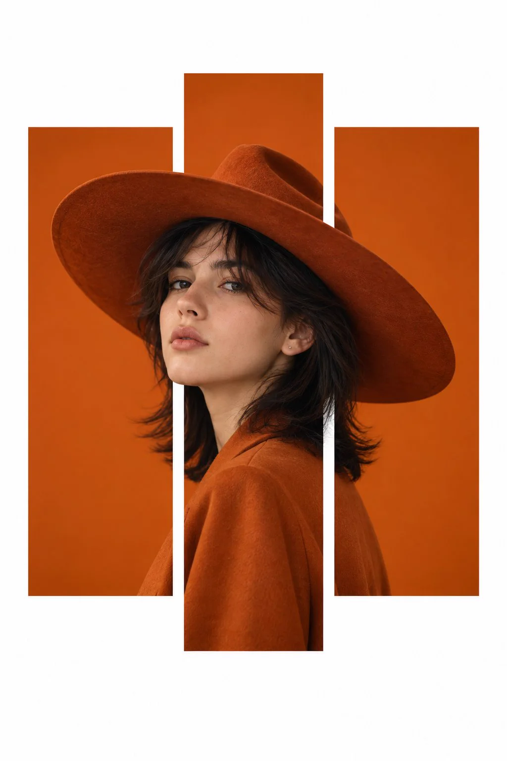 Affiche de mode verticale montrant une femme en chapeau orange brûlé à travers trois panneaux géométriques blancs et orange.