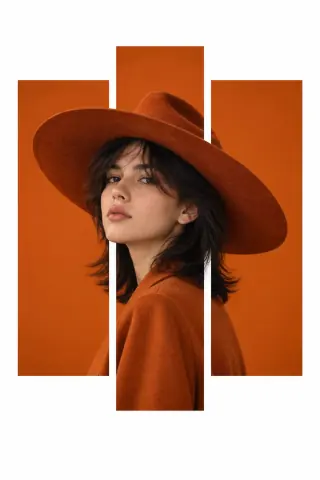 Affiche de mode verticale montrant une femme en chapeau orange brûlé à travers trois panneaux géométriques blancs et orange.