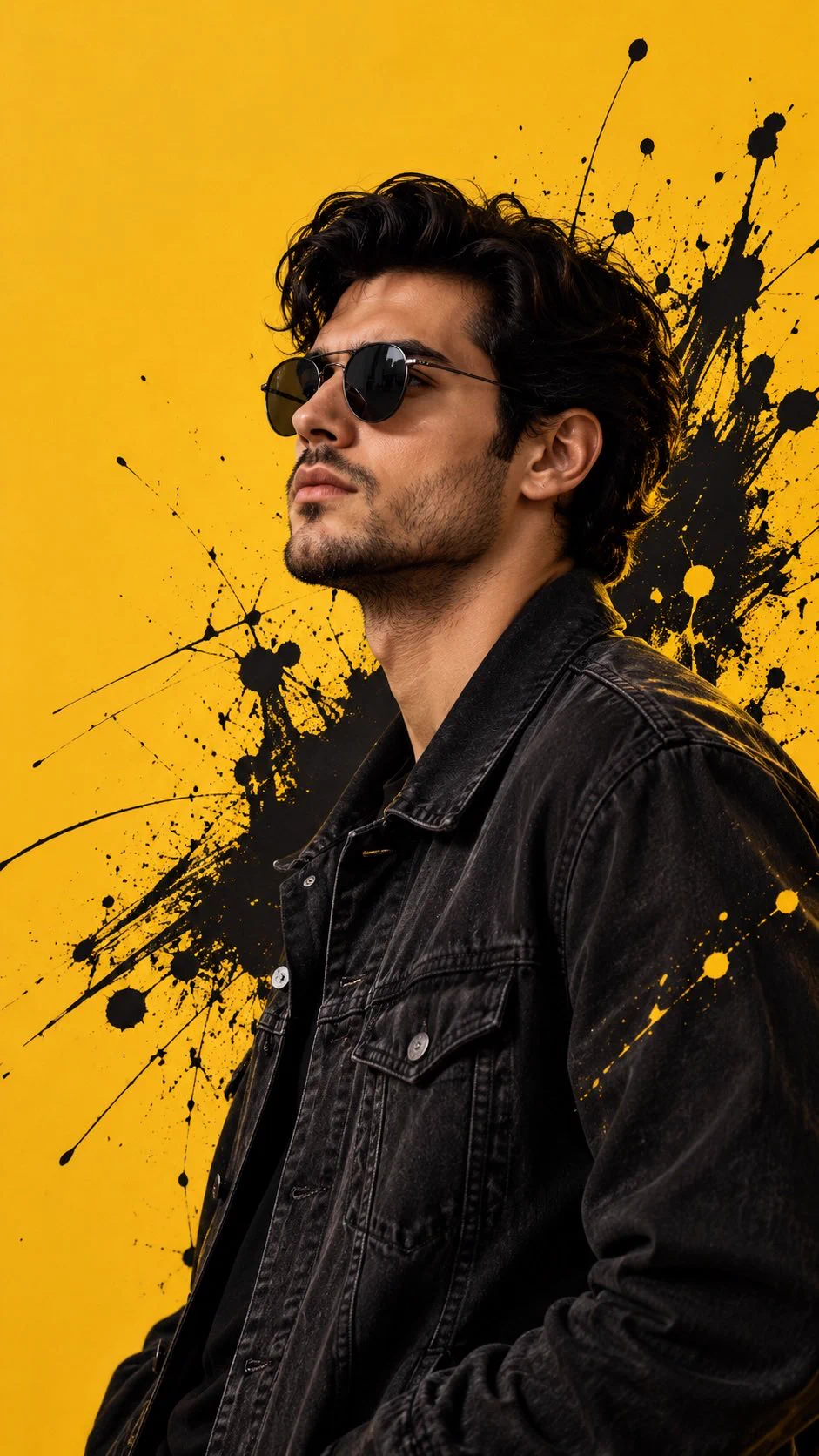 Black-ink streetwear portrait on a mustard background