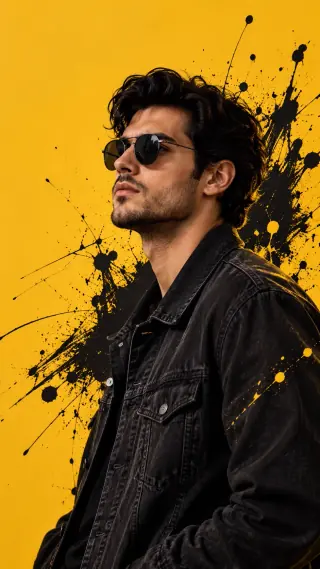 Streetwear-Porträt mit schwarzer Tinte auf senffarbenem Hintergrund