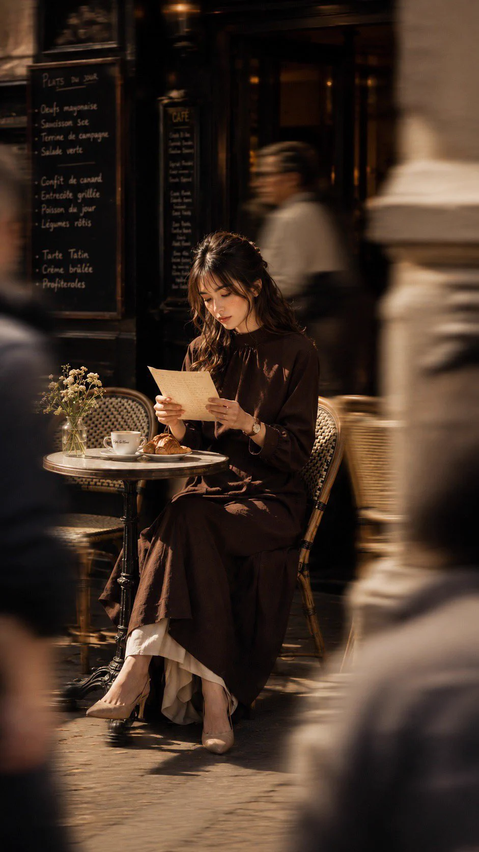 Jeune adulte lisant un menu à une table de café parisien, cadrée entre des passants flous.