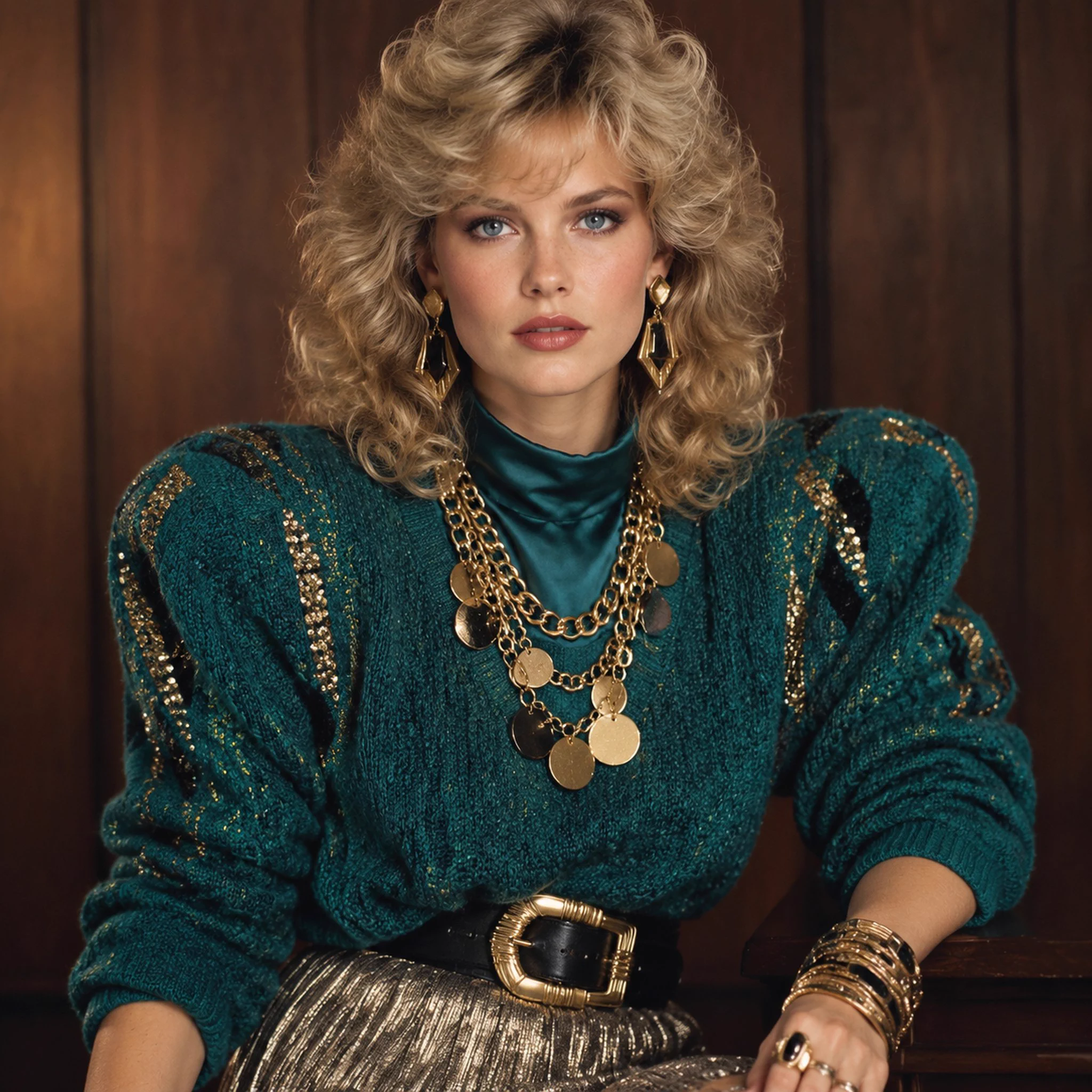 Portrait frontal d’une femme aux boucles blondes volumineuses, pull turquoise et bijoux dorés devant un panneau de bois sombre.