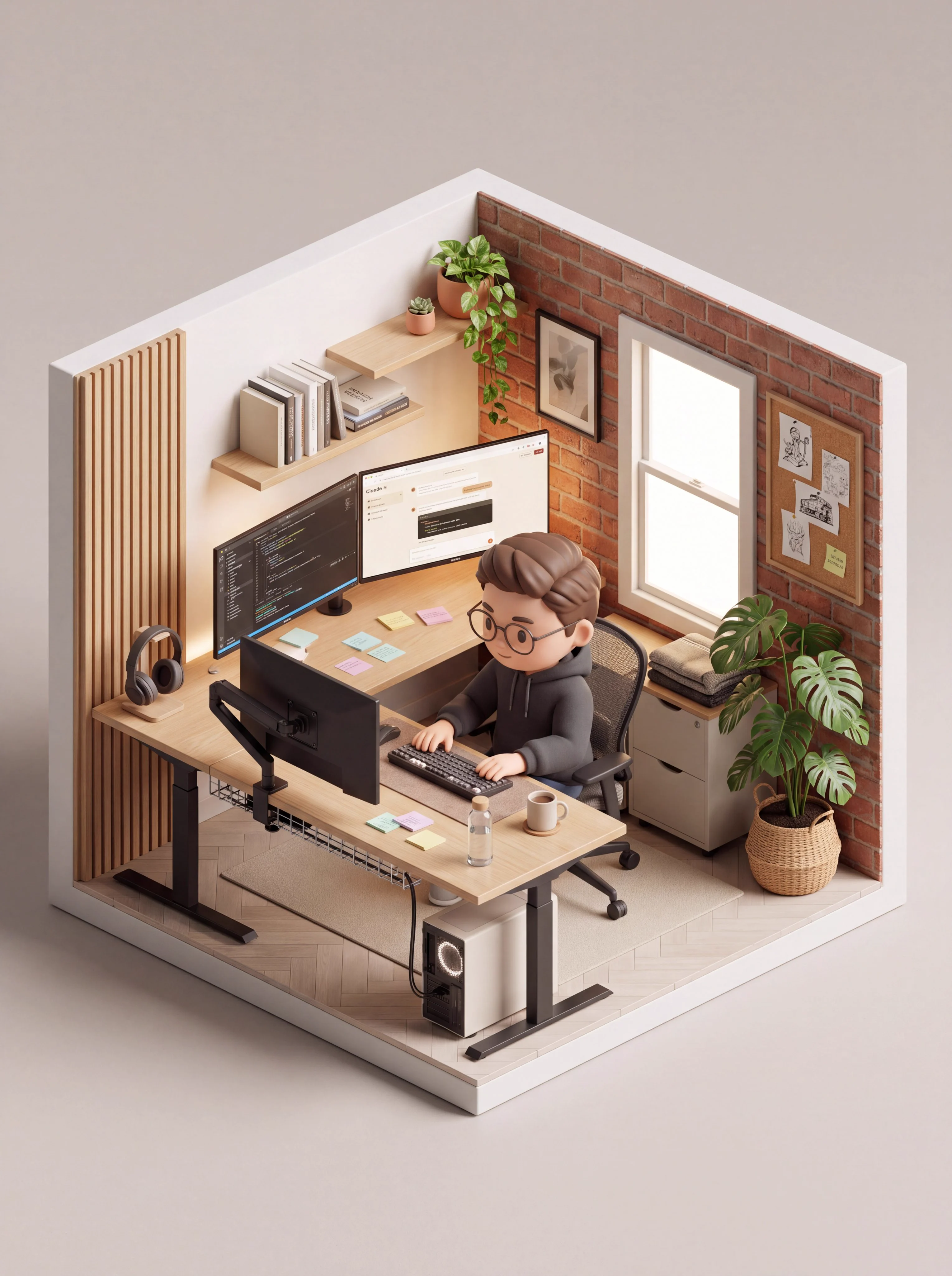 Diorama miniature d’une pièce en cube avec une figurine devant un bureau.