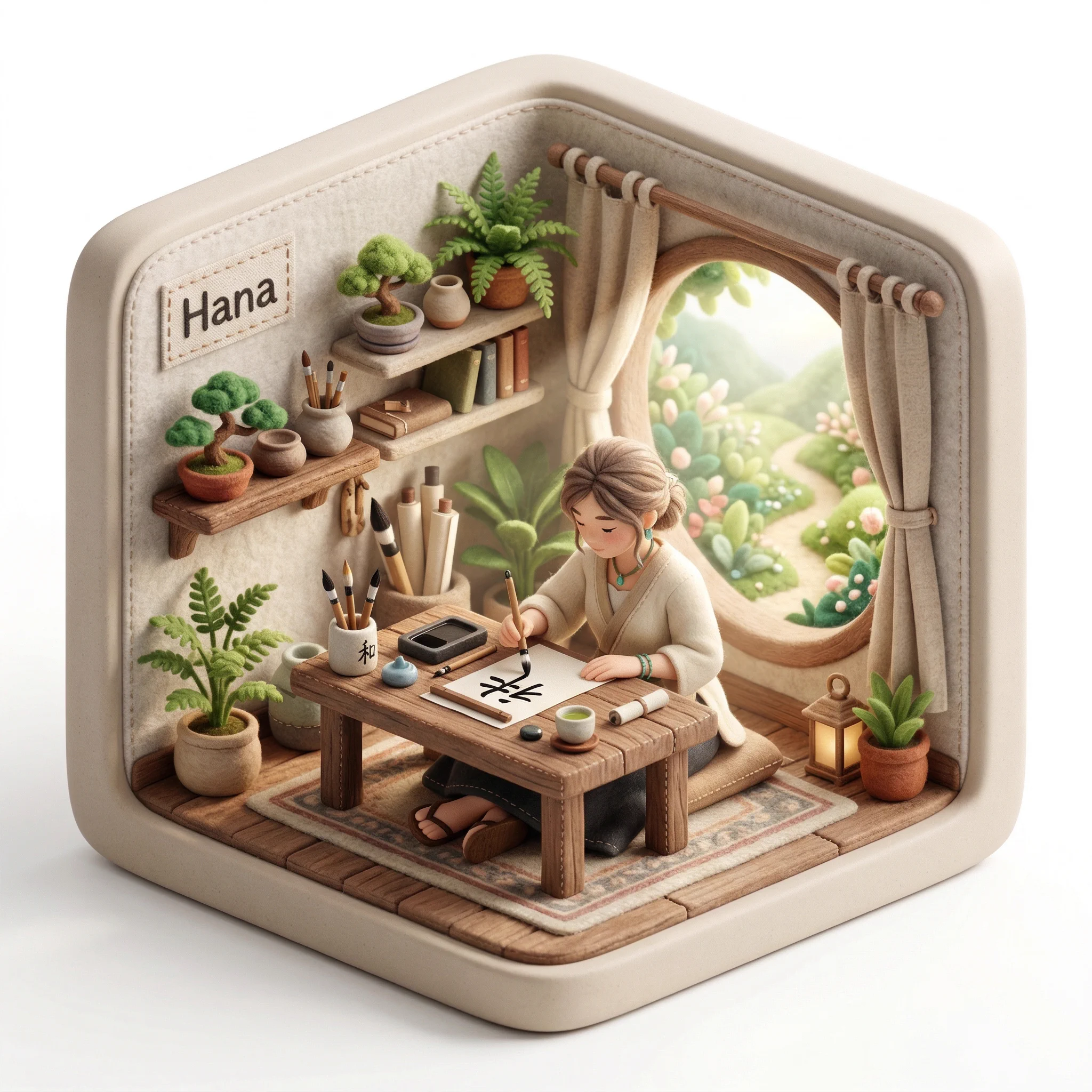 Diorama en feutrine avec Hana à un bureau près d’une fenêtre ouverte.