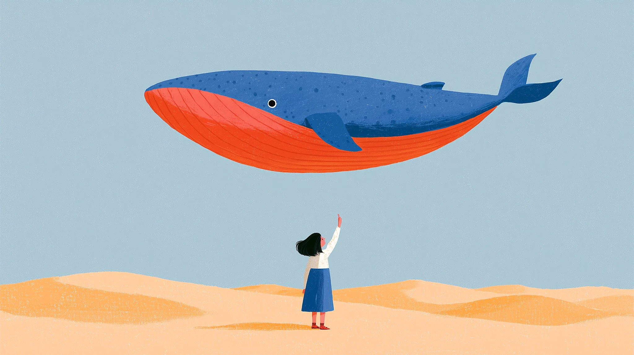 Jeune fille tendant la main vers une baleine géante au-dessus du désert dans une illustration granuleuse.