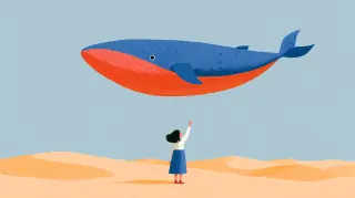 Jeune fille tendant la main vers une baleine géante au-dessus du désert dans une illustration granuleuse.