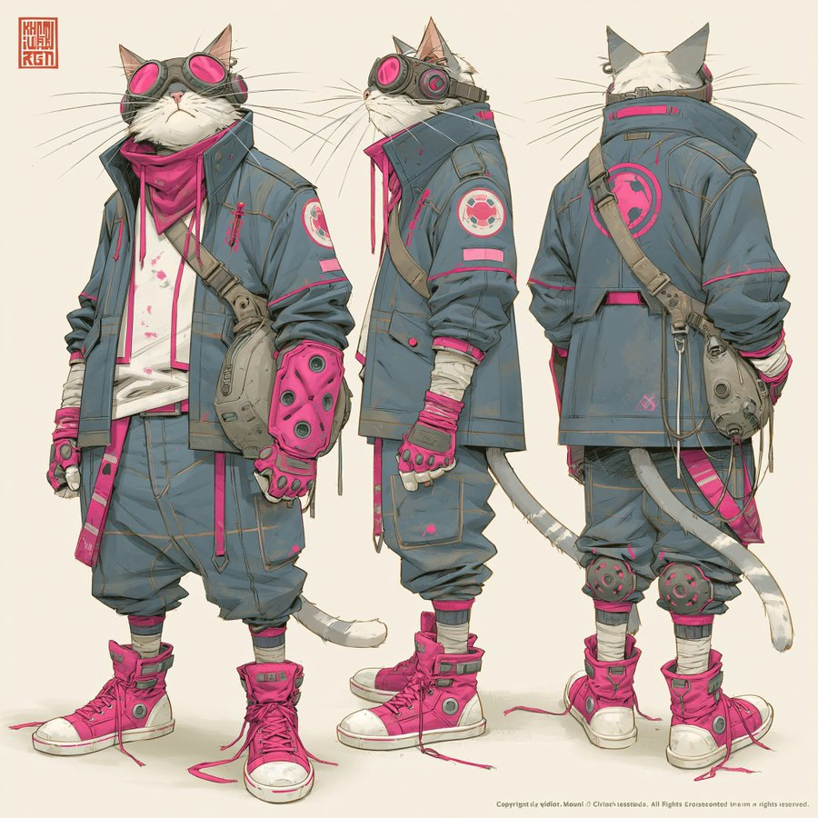 Planche carrée en trois vues d’un même chat cyberpunk, de face, de profil et de dos, avec veste bleue et lunettes roses.