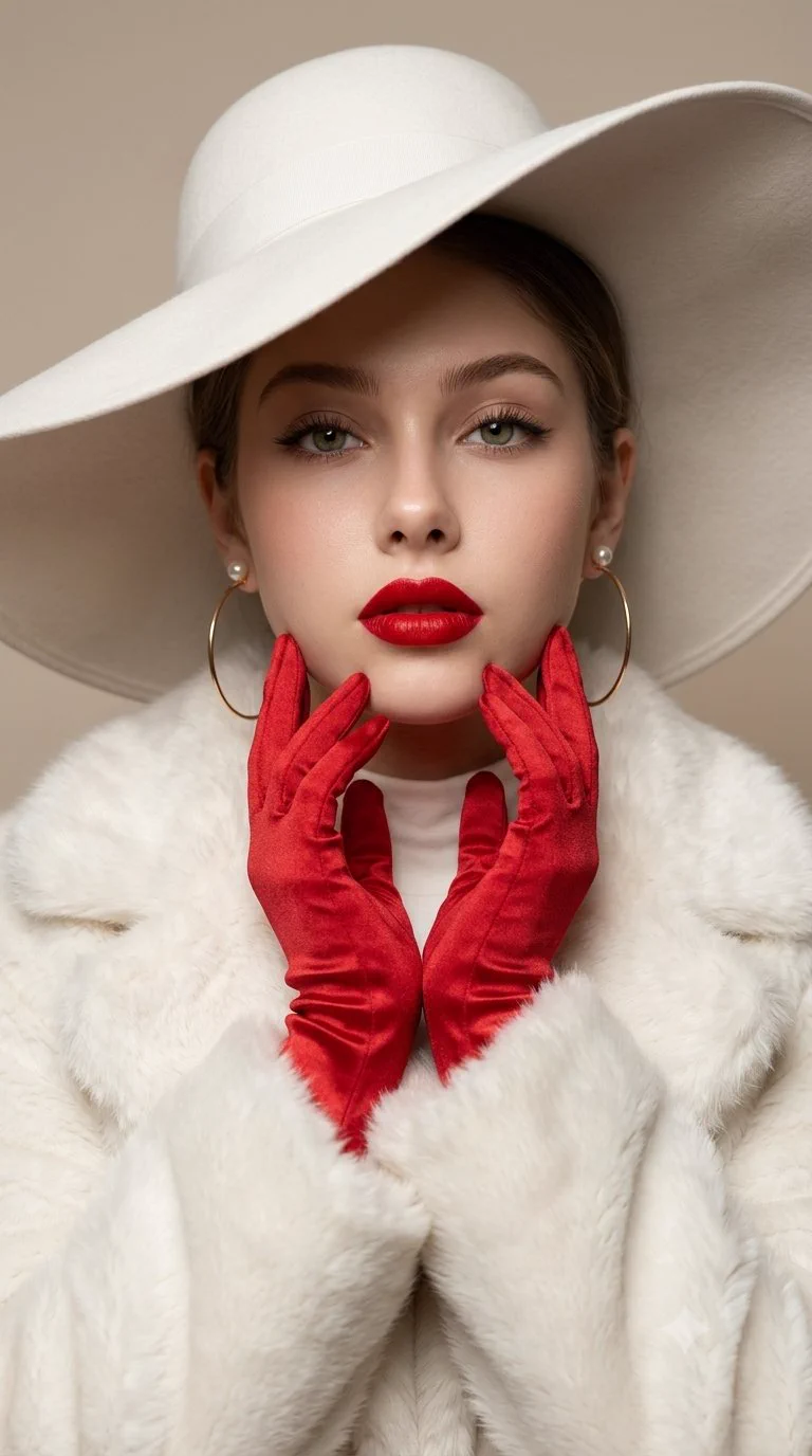Femme au chapeau blanc et aux gants rouges encadrant son visage, sur fond beige.