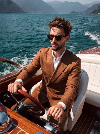 Homme en costume brun assis aux commandes d’un bateau en bois sur un lac de montagne.