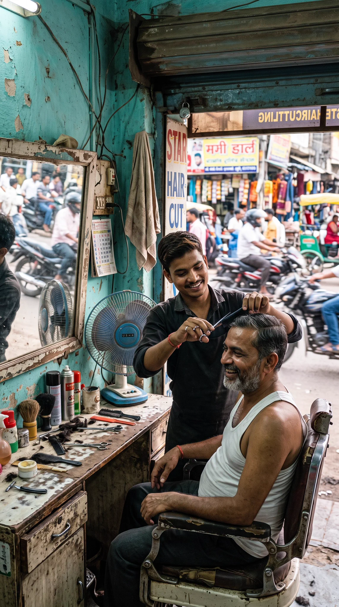 Un barbier souriant coupe les cheveux d’un client assis, près d’un miroir et d’un ventilateur, avec la rue à l’arrière-plan.