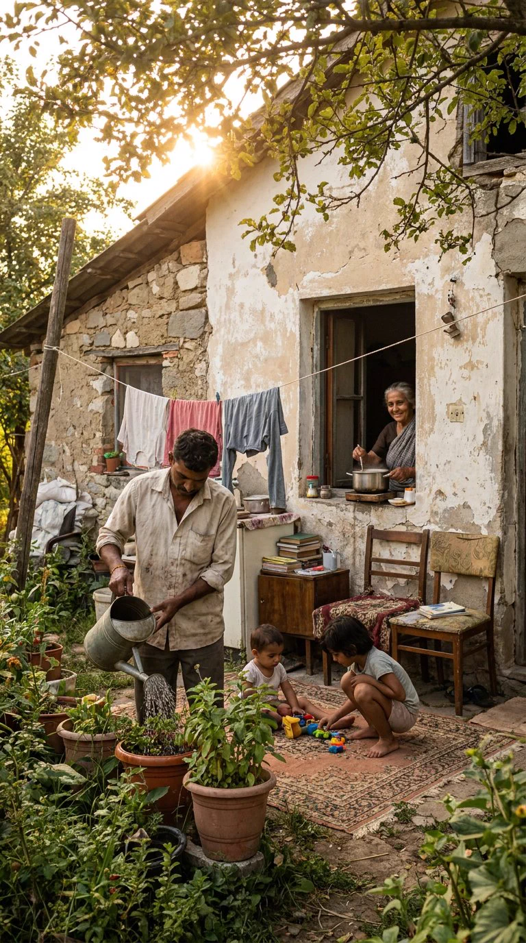 Un homme arrose des plantes, une femme cuisine à la fenêtre et deux enfants jouent sur un tapis dans une cour.