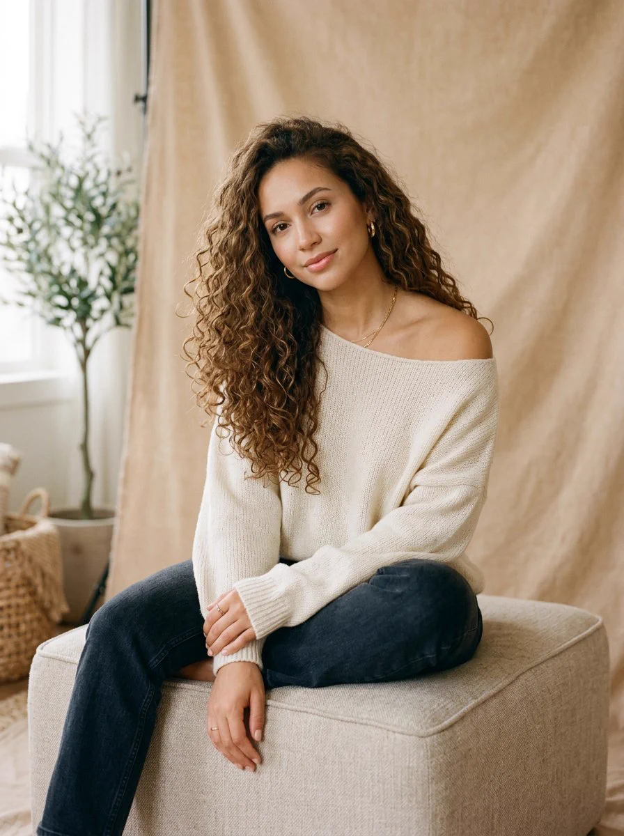 Femme aux longs cheveux bouclés, assise sur un pouf beige en pull crème et jean foncé, près d’une fenêtre éclairée.