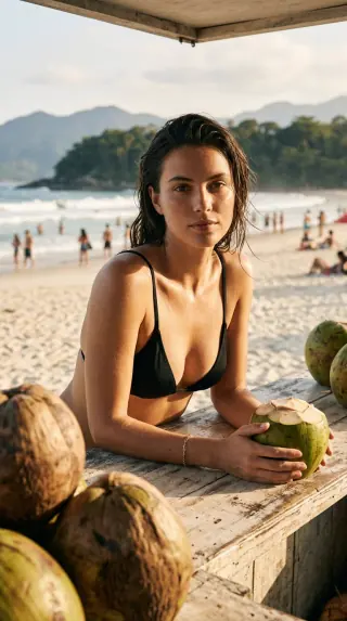 Femme en maillot noir tenant une noix de coco au comptoir d’un stand en bois, avec d’autres noix de coco au premier plan et la plage derrière elle.