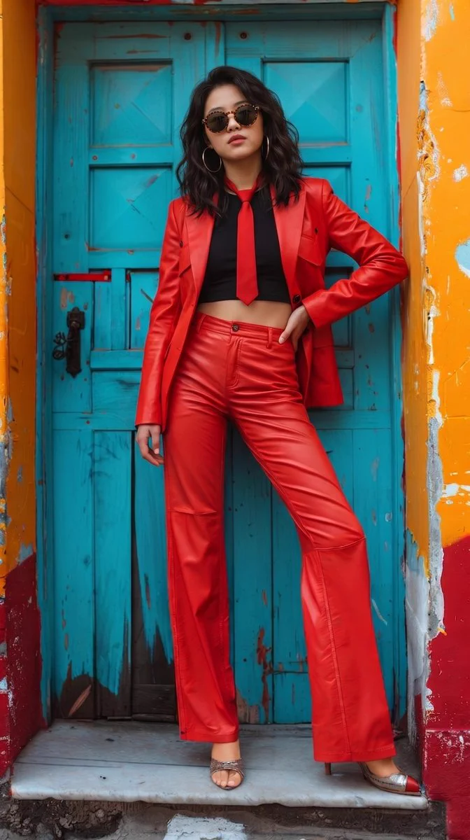 Femme adulte en tailleur-pantalon rouge, haut court noir, cravate rouge et lunettes rondes, une main sur la hanche devant une porte turquoise usée.