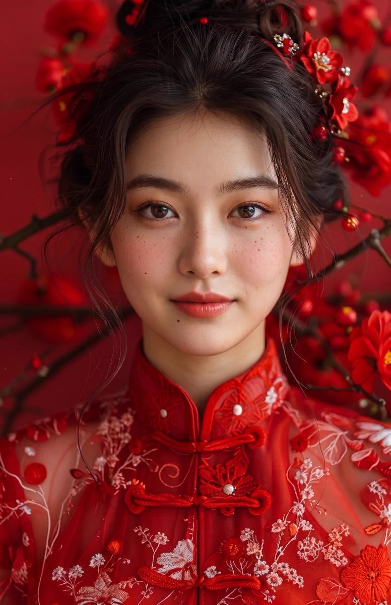 Portrait frontal d’une femme adulte aux cheveux relevés ornés de fleurs rouges, portant un qipao brodé à col montant devant des branches fleuries rouges floues.