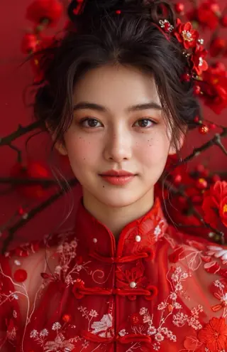 Nahaufnahme eines roten Qipao-Studioporträts