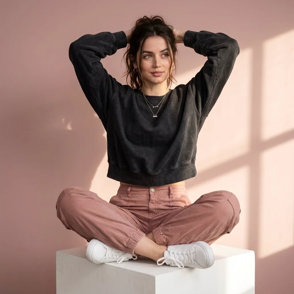 Femme adulte assise en tailleur sur un cube blanc, les mains derrière la tête, en sweat sombre, pantalon rose et baskets blanches devant un mur rose traversé d’ombres de fenêtre.