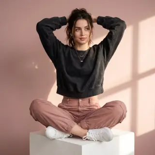 Sitzendes Streetwear-Porträt in einem rosa Studio